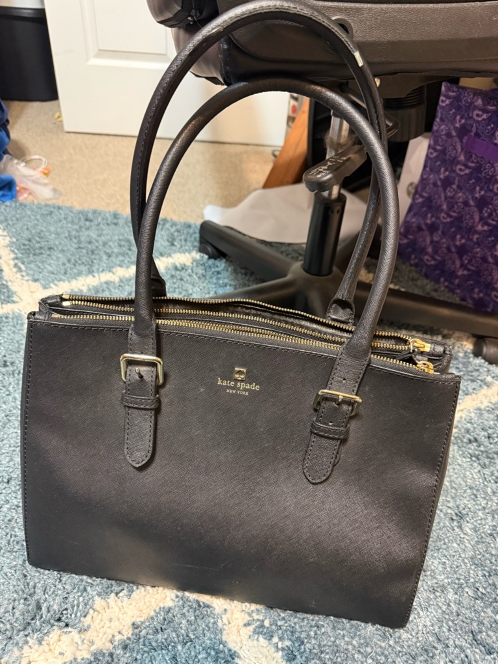 kate spade black saffiano leather double-zip satchel with gold hardware